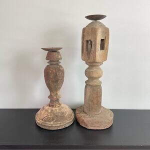 Antique Primitive Pillar Candle Holders Wood Metal 18th Century Rustic Farmhouse